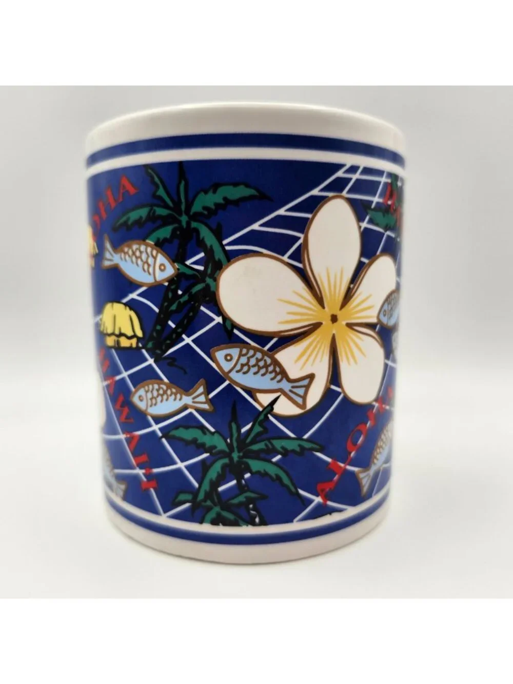 Vintage Island Heritage Blue Plumeria Of Aloha Hawaii Hawaiian Mug Fish 12oz